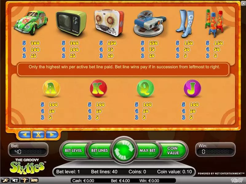 Info and Rules - Groovy Sixties NetEnt Slots Game
