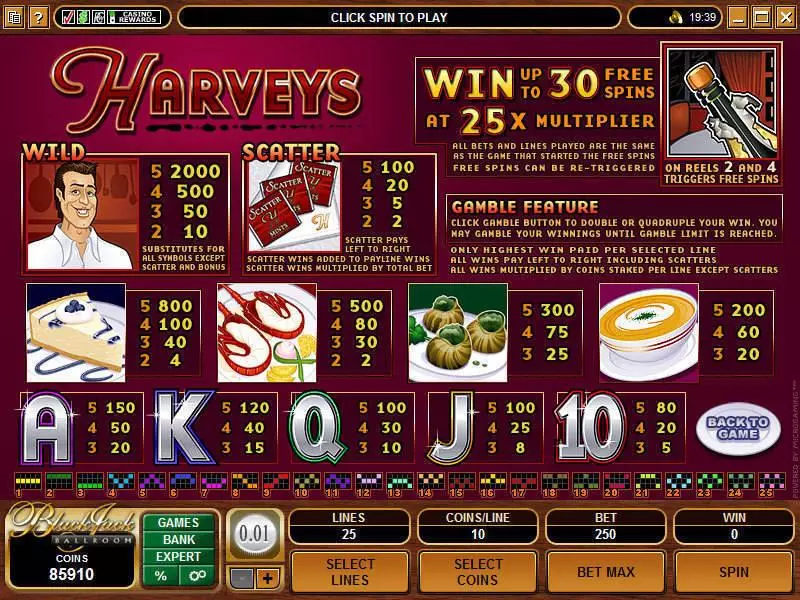 Info and Rules - Harveys Microgaming Slots Game
