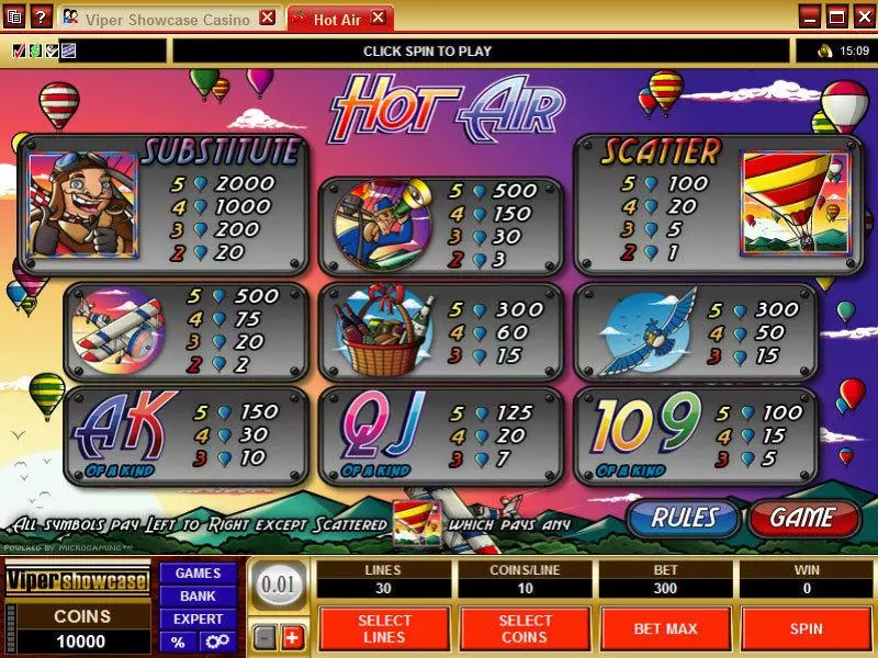 Info and Rules - Hot Air Microgaming Slots Game