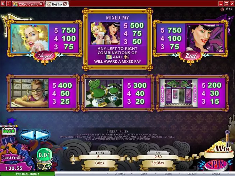Info and Rules - Hot Ink Microgaming Slots Game