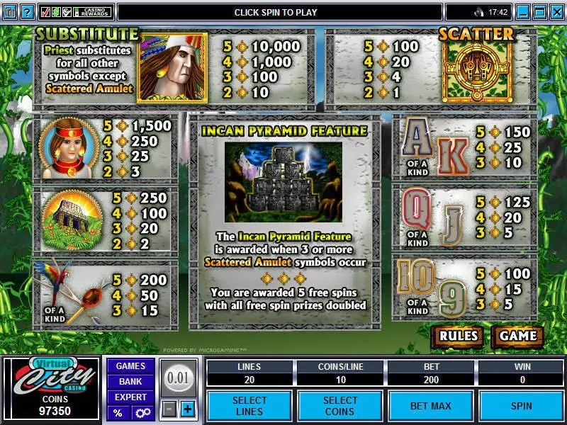Info and Rules - Inca Gold Microgaming Slots Game