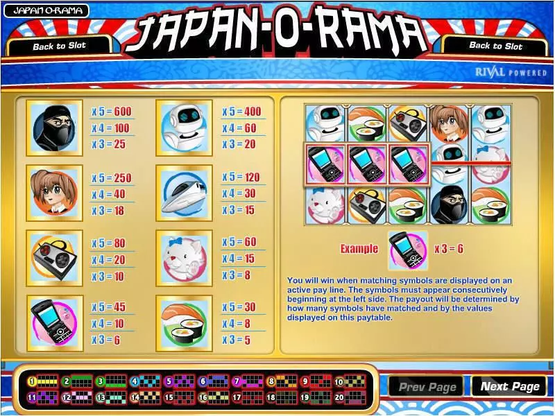Info and Rules - Japan-O-Rama Rival Slots Game