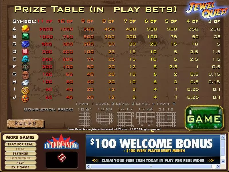 Info and Rules - Jewel Quest CryptoLogic Slots Game