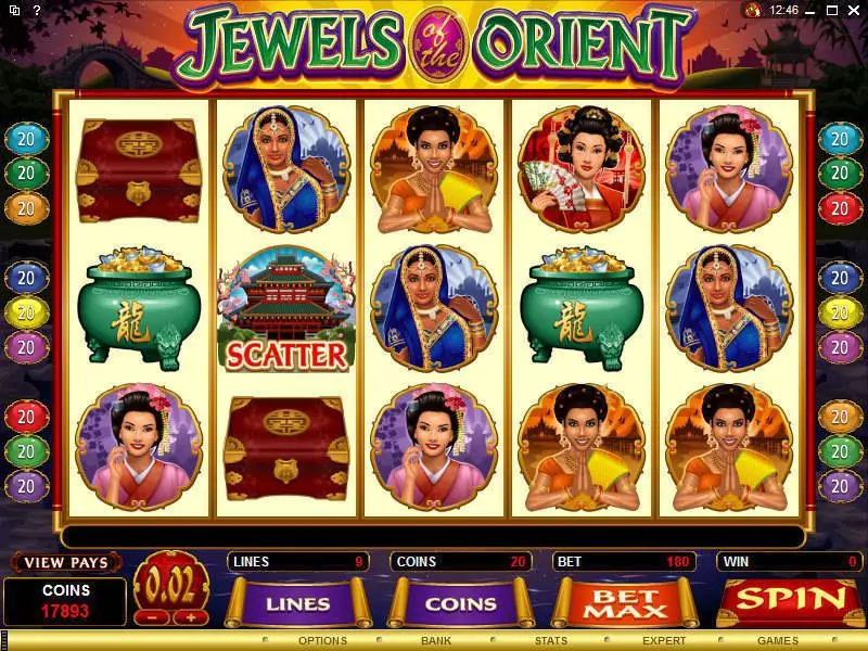 Main Screen Reels - Jewels of the Orient Microgaming Slots Game