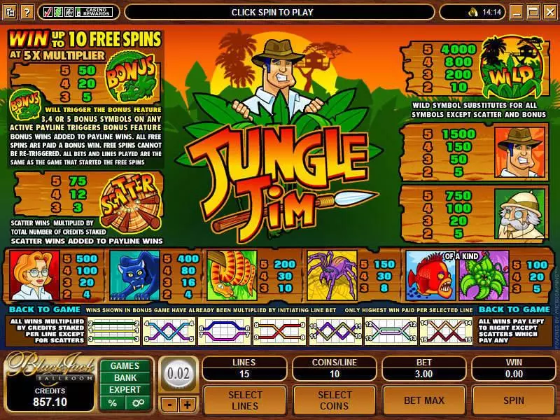 Info and Rules - Jungle Jim Microgaming Slots Game