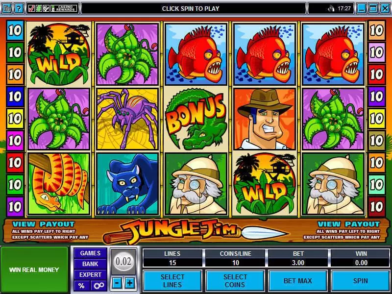 Main Screen Reels - Jungle Jim Microgaming Slots Game