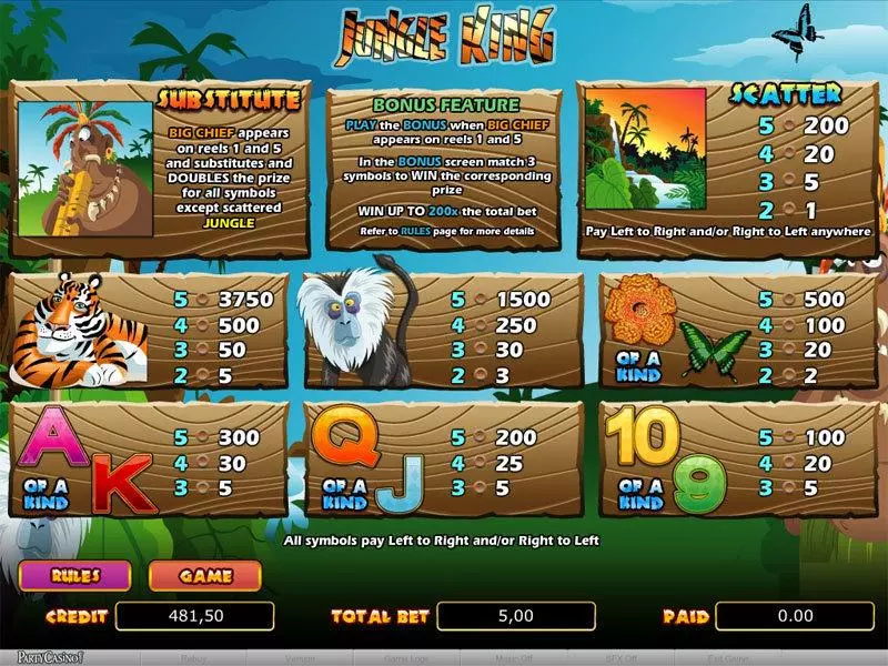 Info and Rules - Jungle King bwin.party Slots Game