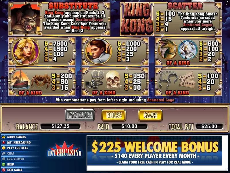 Info and Rules - King Kong CryptoLogic Slots Game