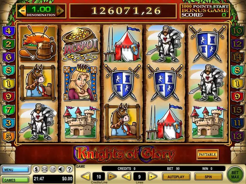 Main Screen Reels - Knights of Glory GTECH Slots Game