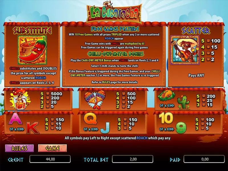 Info and Rules - La Cucaracha bwin.party Slots Game