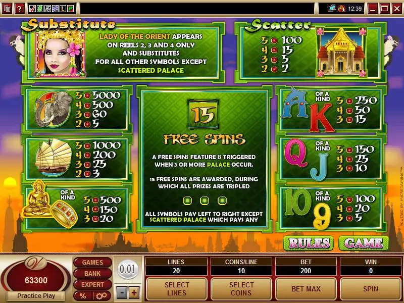 Info and Rules - Lady of the Orient Microgaming Slots Game