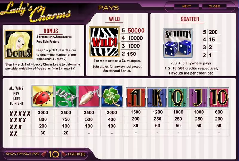 Info and Rules - Lady's Charms Amaya Slots Game