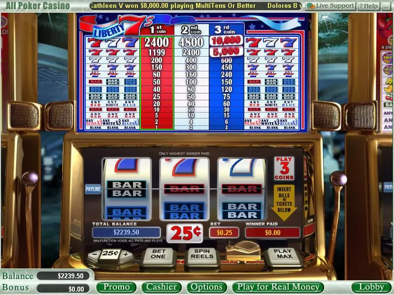 Main Screen Reels - Liberty 7's WGS Technology Slots Game