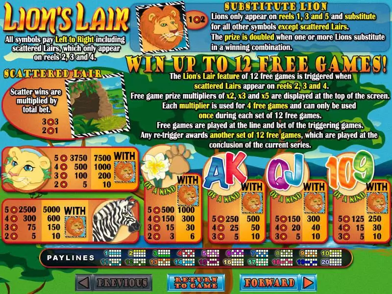 Info and Rules - Lions Lair RTG Slots Game