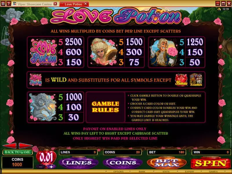Info and Rules - Love Potion Microgaming Slots Game
