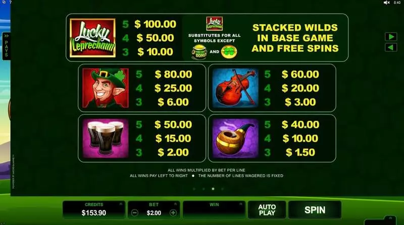 Info and Rules - Lucky Leprechaun Microgaming Slots Game