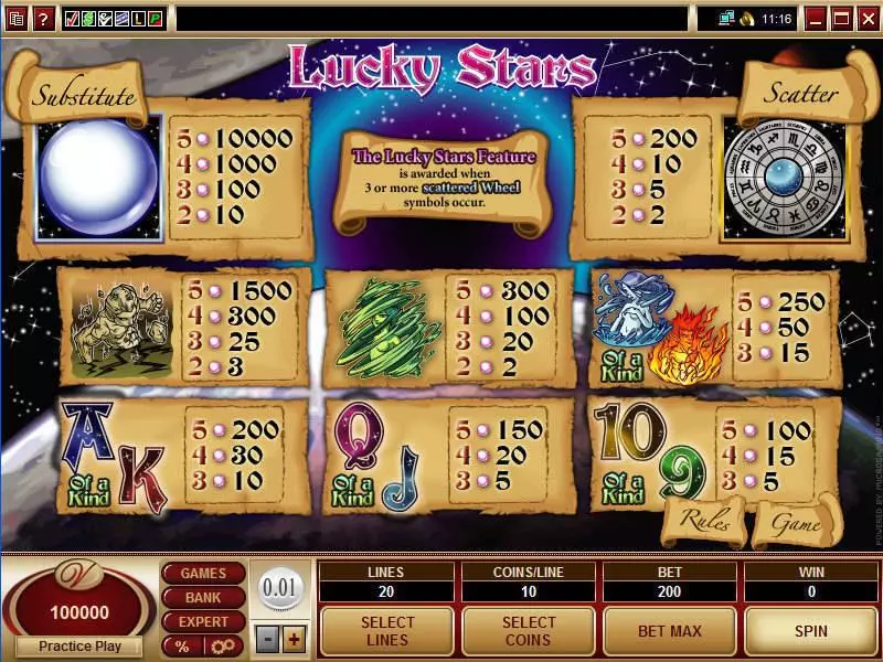 Info and Rules - Lucky Stars Microgaming Slots Game