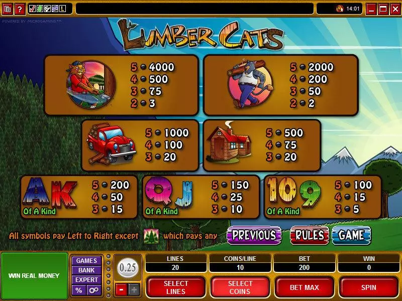 Info and Rules - Lumber Cats Microgaming Slots Game