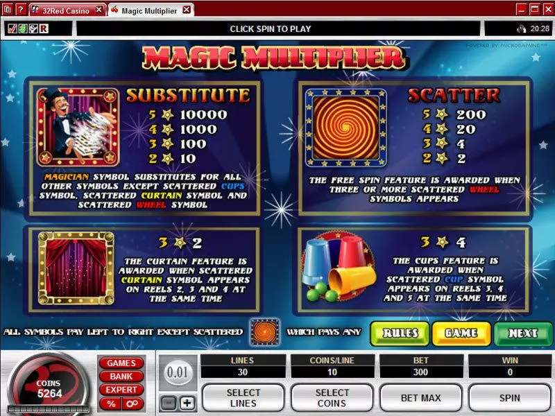 Info and Rules - Magic Multiplier Microgaming Slots Game