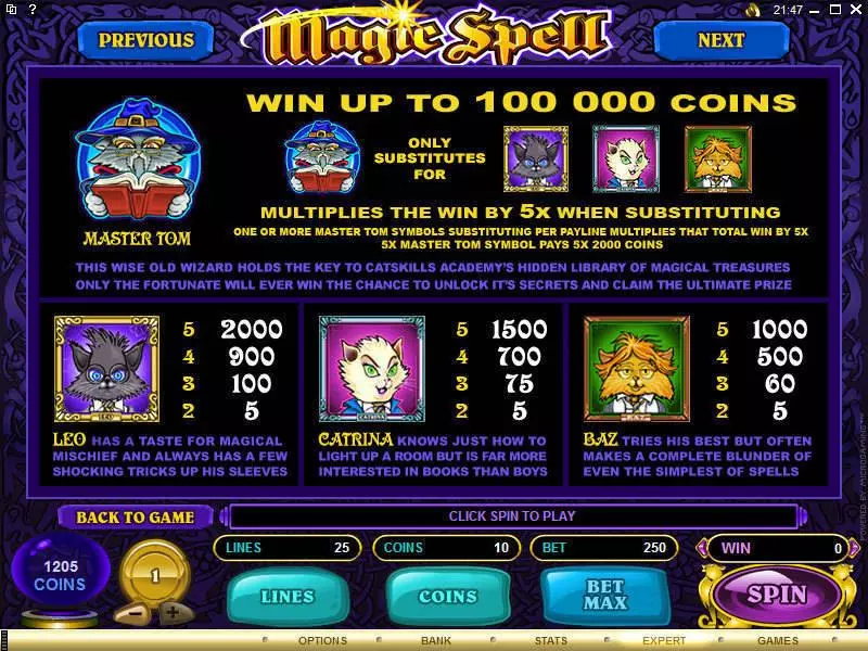 Info and Rules - Magic Spell Microgaming Slots Game