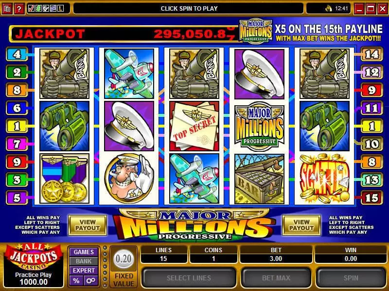 Main Screen Reels - Major Millions 5-Reels Microgaming Slots Game