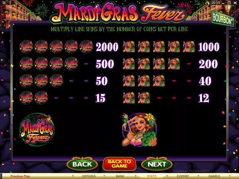 Info and Rules - Mardi Gras Fever Microgaming Slots Game
