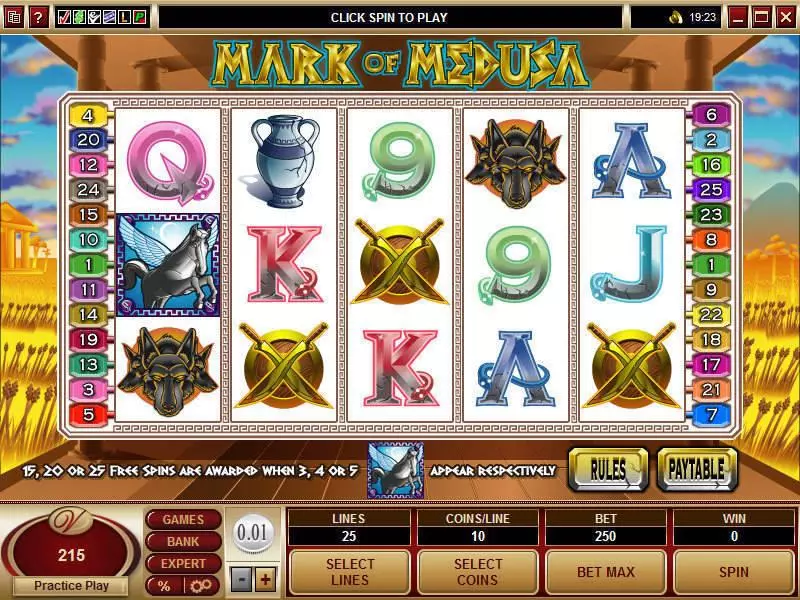 Main Screen Reels - Mark of Medusa Microgaming Slots Game