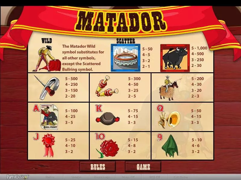 Info and Rules - Matador bwin.party Slots Game