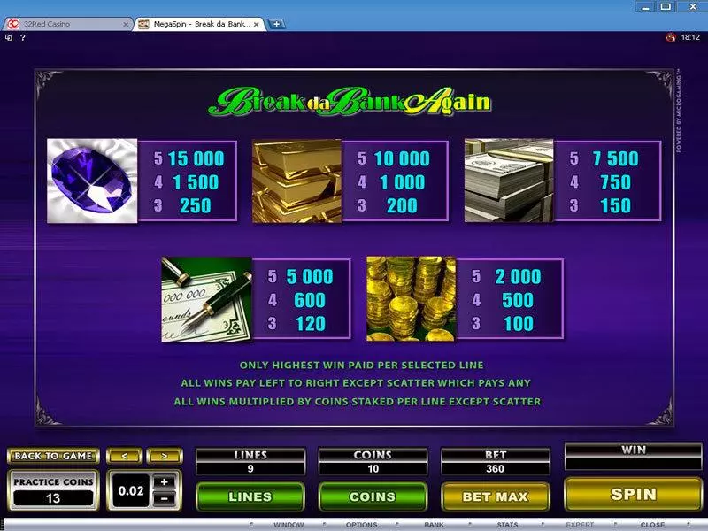Info and Rules - Mega Spin - Break da Bank Again Microgaming Slots Game