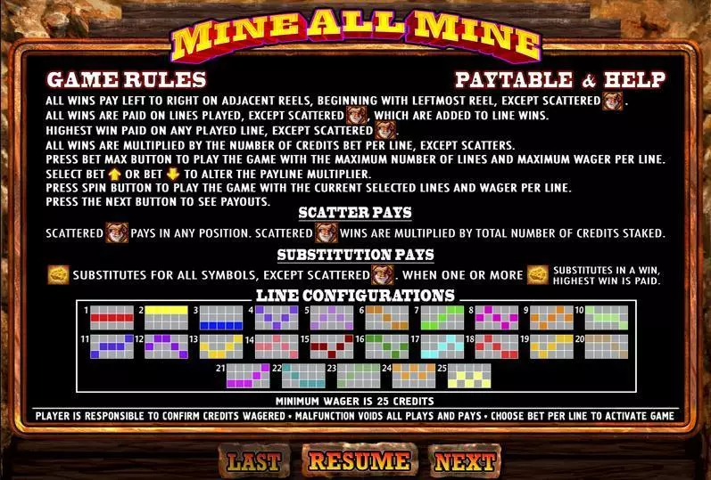 Info and Rules - Mine All  WGS Technology Slots Game