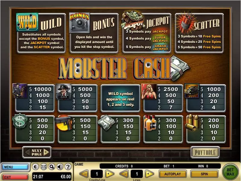 Info and Rules - Mobster Cash GTECH Slots Game