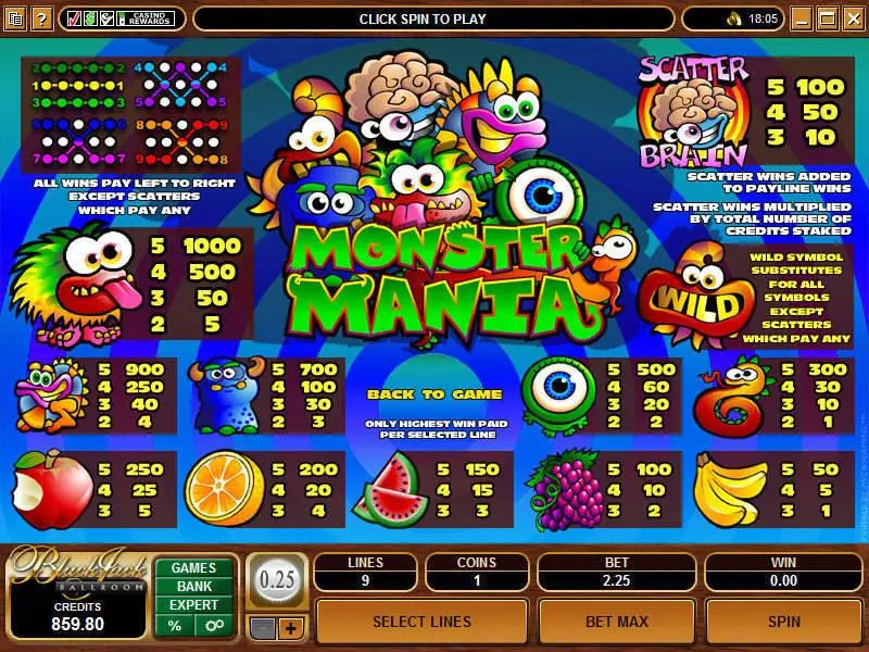 Info and Rules - Monster Mania Microgaming Slots Game