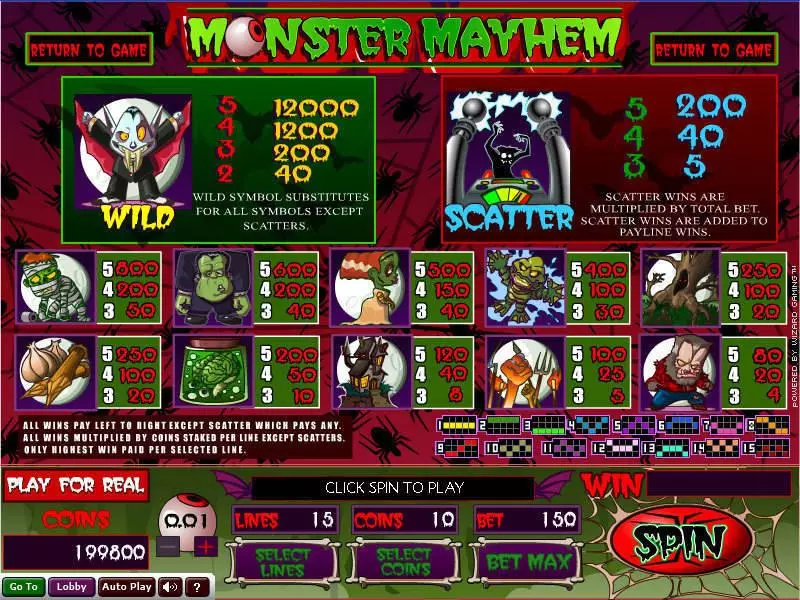 Info and Rules - Monster Mayhem Wizard Gaming Slots Game
