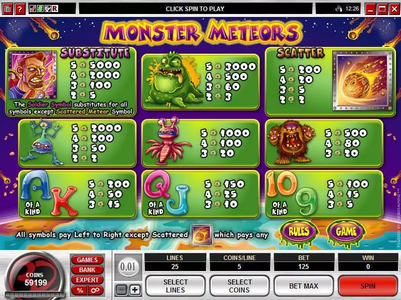 Info and Rules - Monster Meteors Microgaming Slots Game