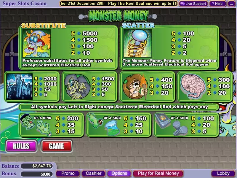 Info and Rules - Monster Money WGS Technology Slots Game
