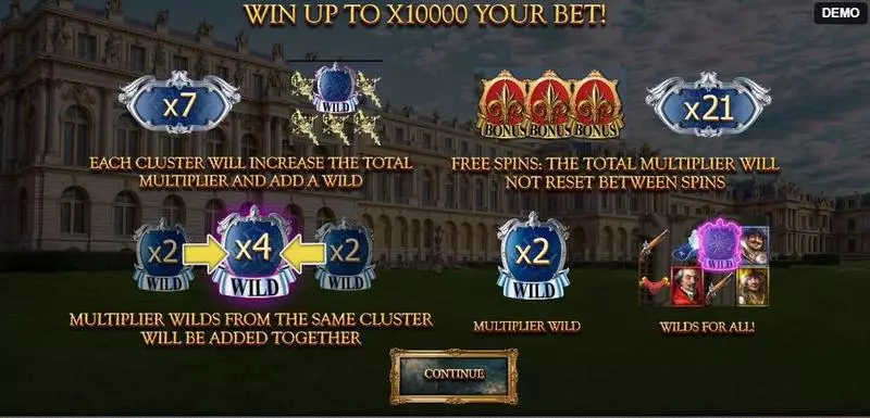 Info and Rules - Musketeers 1 Wild for All Red Rake Gaming Slots Game