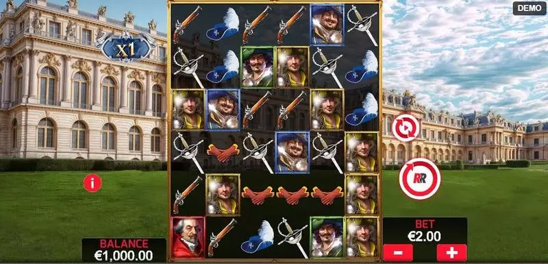 Main Screen Reels - Musketeers 1 Wild for All Red Rake Gaming Slots Game