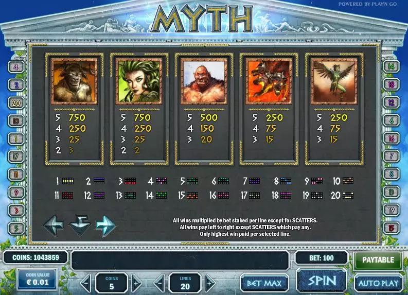 Info and Rules - Myth Play'n GO Slots Game