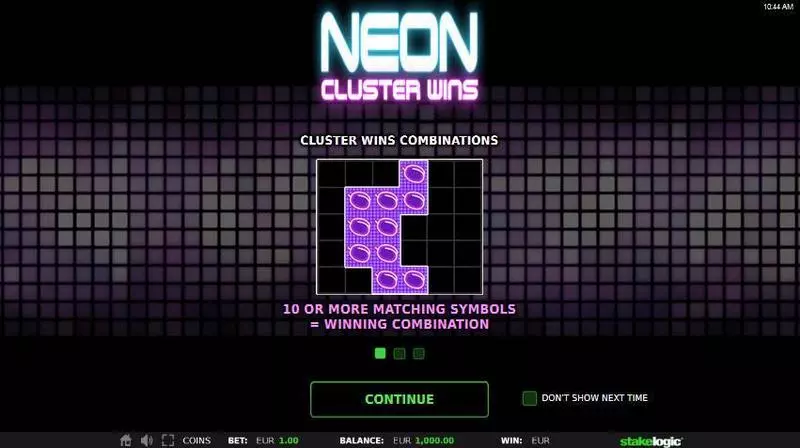 Info and Rules - Neon Cluster Wins StakeLogic Slots Game