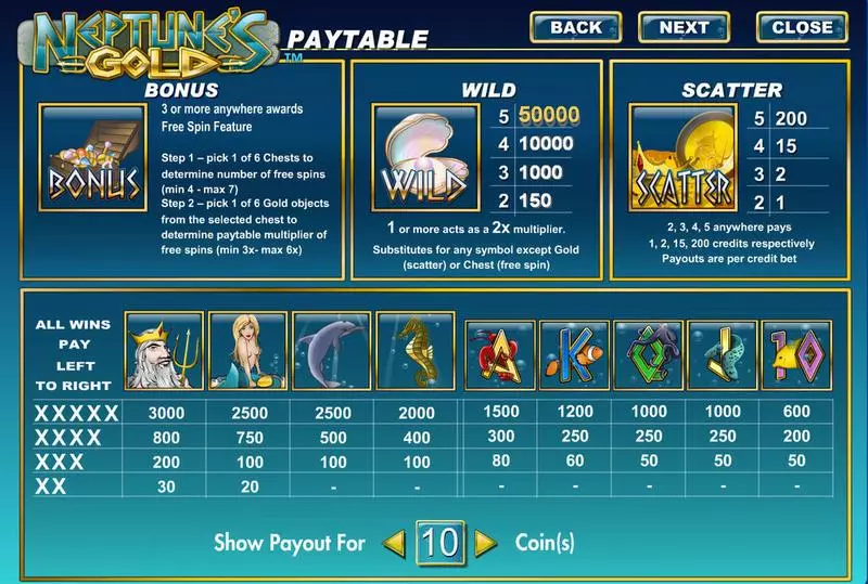 Info and Rules - Neptune's Gold Amaya Slots Game