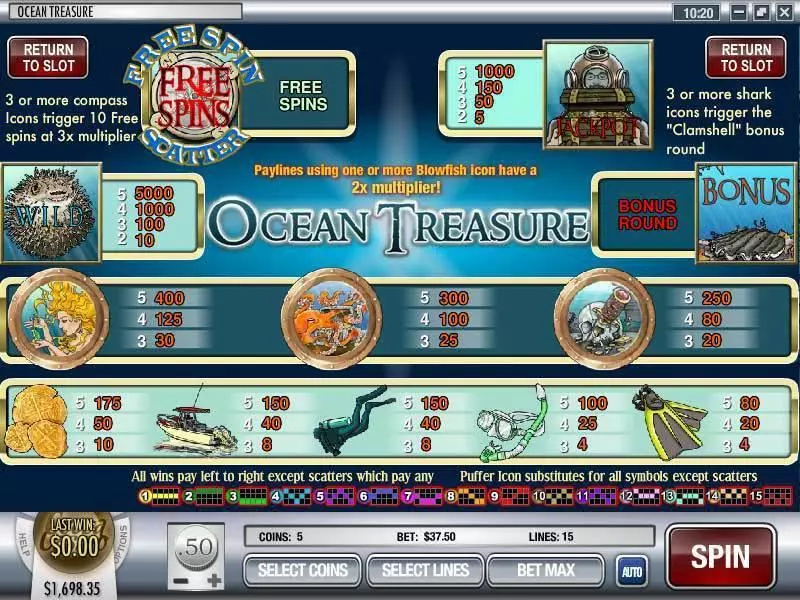 Info and Rules - Ocean Treasure Rival Slots Game