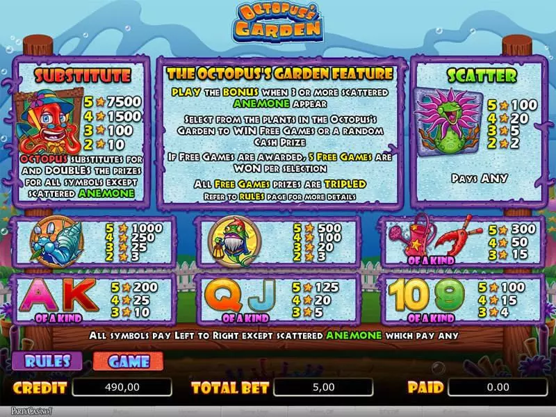 Info and Rules - Octopus's Garden bwin.party Slots Game