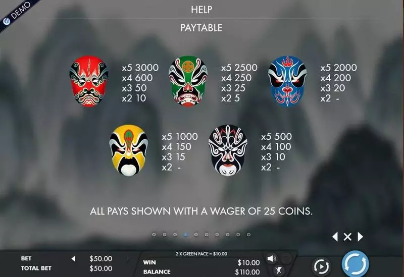 Paytable - Opera of the Masks Genesis Slots Game