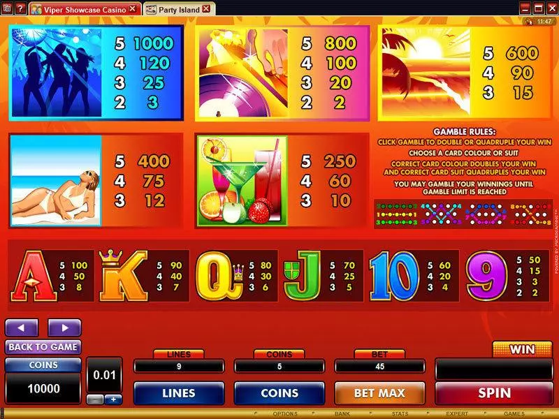 Info and Rules - Party Island Microgaming Slots Game