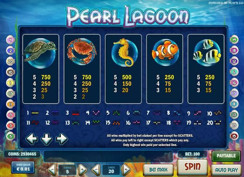 Info and Rules - Pearl Lagoon Play'n GO Slots Game