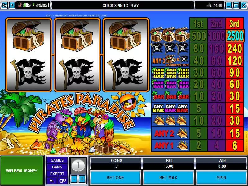 Main Screen Reels - Pirate's Paradise Microgaming Slots Game