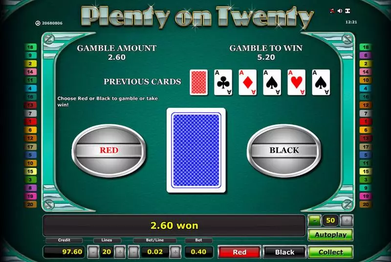 Gamble Screen - Plenty on Twenty Novomatic Slots Game