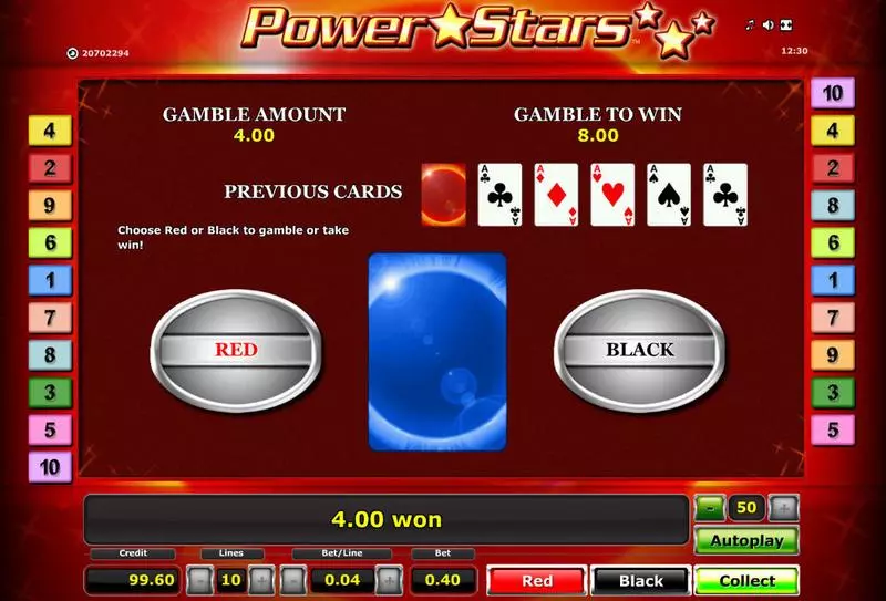 Gamble Screen - Power Stars Novomatic Slots Game
