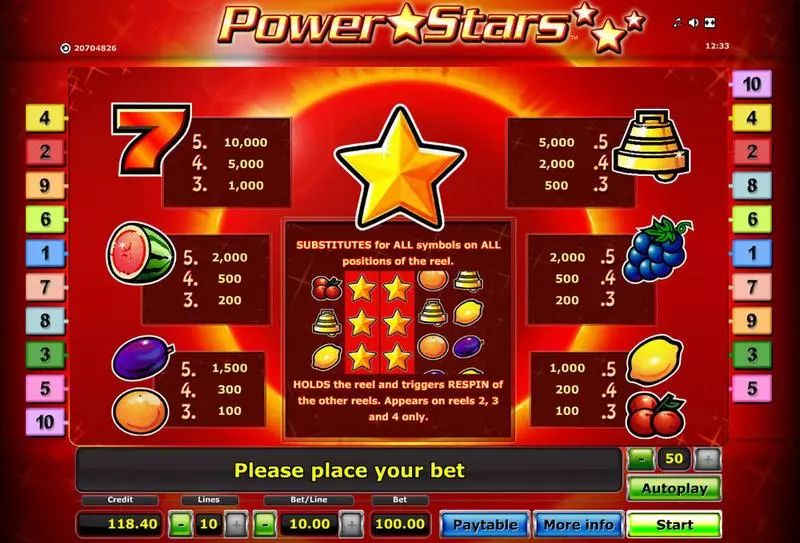 Info and Rules - Power Stars Novomatic Slots Game