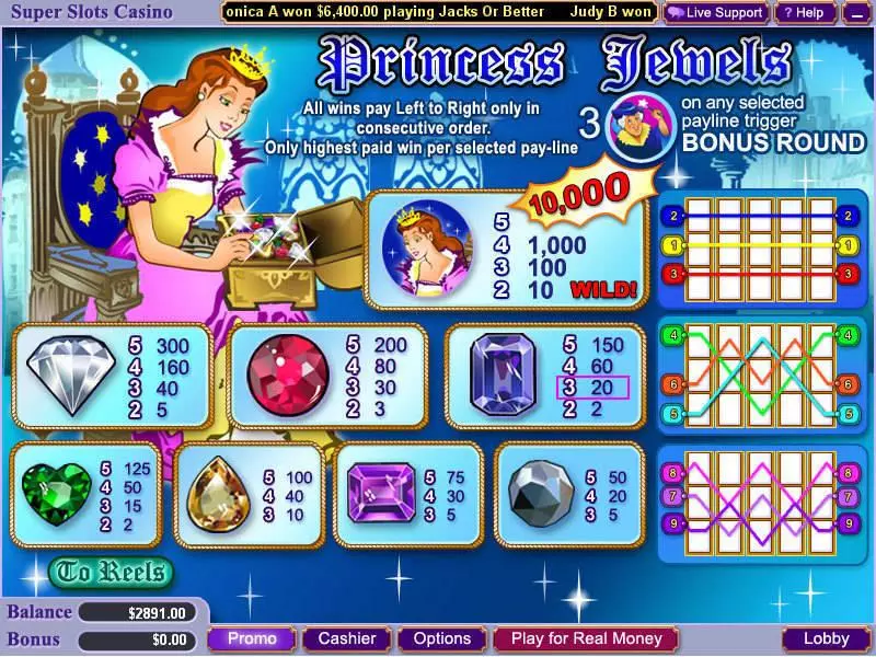 Info and Rules - Princess Jewels WGS Technology Slots Game